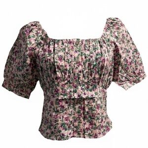 Color Block Floral Top Pink Purple Green Smocked Small